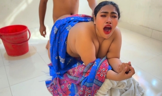 While the Desi stepmom washes bra & panties, stepmom took off the stepson's pants and Naked him, Then asks him to drill her - Cum